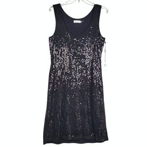 Calvin Klein Sheath Dress Women 10 Blk Swirl Sequin Sleeveless Evening Cocktail